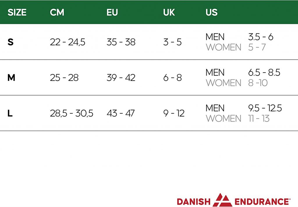 Danish Endurance Performance Tennis Crew Socks size chart